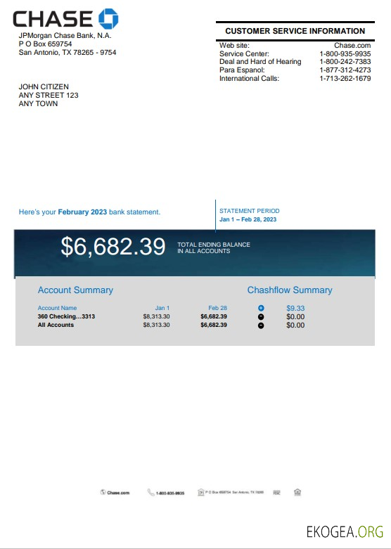 Modèle Word et PDF de relevé bancaire USA Chase, version 2